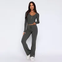 Autumn And Winter Hot Sale Foreign Trade Women's Slim-fit Sexy Button Long Sleeve Top Lace-up Trousers Fashion Two-piece Set sku image 1