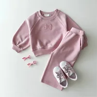Casual Solid Color Bow Knot Cotton Girls Clothing Sets main image 1