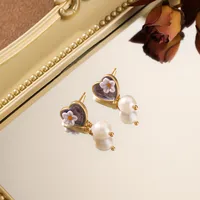 1 Pair Elegant Heart Shape Enamel Alloy Freshwater Pearl 18K Gold Plated Drop Earrings main image 5