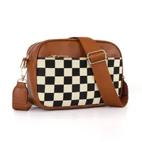 In Stock  Hot Sale Quilted Embroidered Plaid Color Matching Retro Shoulder Bag Zipper Shoulder Strap Messenger Bag Wallet Small Square Bag sku image 16