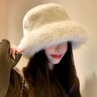 High-grade Faux Fur Mink Fur Fluffy Fisherman Hat Lady Style Big Head Circumference Plush Hat Winter Warm Pullover Hat sku image 1