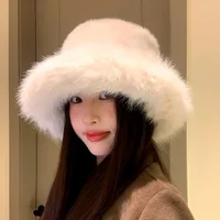 High-grade Faux Fur Mink Fur Fluffy Fisherman Hat Lady Style Big Head Circumference Plush Hat Winter Warm Pullover Hat sku image 2