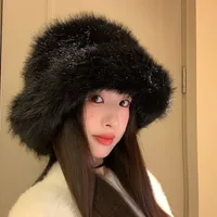 High-grade Faux Fur Mink Fur Fluffy Fisherman Hat Lady Style Big Head Circumference Plush Hat Winter Warm Pullover Hat sku image 4
