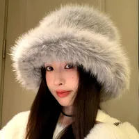 High-grade Faux Fur Mink Fur Fluffy Fisherman Hat Lady Style Big Head Circumference Plush Hat Winter Warm Pullover Hat sku image 7