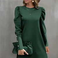 Women's Bodycon Dress Elegant Round Neck Button Long Sleeve Solid Color Above Knee Daily main image 2