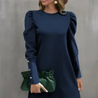 Women's Bodycon Dress Elegant Round Neck Button Long Sleeve Solid Color Above Knee Daily main image 3