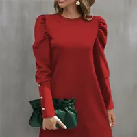 Women's Bodycon Dress Elegant Round Neck Button Long Sleeve Solid Color Above Knee Daily main image 4