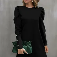 Women's Bodycon Dress Elegant Round Neck Button Long Sleeve Solid Color Above Knee Daily main image 1