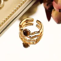 18K Gold Plated Freshwater Pearl Tiger Eye Copper Zircon Geometric Open Rings main image 6