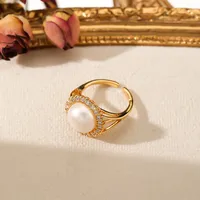 18K Gold Plated Freshwater Pearl Tiger Eye Copper Zircon Geometric Open Rings main image 3