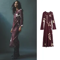 Women's Satin Dress Elegant Round Neck Printing Long Sleeve Flower Maxi Long Dress Holiday Daily main image 1