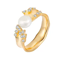 18K Gold Plated White Gold Plated 925 Sterling Silver Pearl Zircon Geometric Open Rings sku image 3