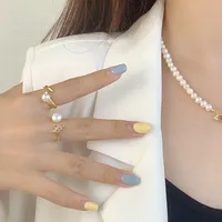 18K Gold Plated White Gold Plated 925 Sterling Silver Pearl Zircon Geometric Open Rings main image 3