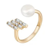 18K Gold Plated White Gold Plated 925 Sterling Silver Pearl Zircon Geometric Open Rings sku image 1