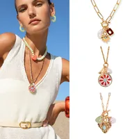 Copper Gold Plated Enamel Inlay Round Star Heart Shape Gem Pearl Pendant Necklace main image 1