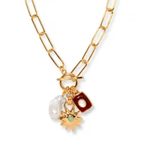 Copper Gold Plated Enamel Inlay Round Star Heart Shape Gem Pearl Pendant Necklace main image 5