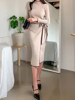 Women's Sweater Dress Casual Elegant High Neck Long Sleeve Color Block Midi Dress Outdoor Daily sku image 1