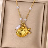 304 Stainless Steel 18K Gold Plated Starfish Shell Pendant Necklace main image 1