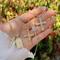 Copper 18K Gold Plated Inlay Portrait Cross Zircon Pendant Necklace main image 1