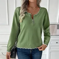 Casual Zipper Color Block Edge Knitted Sweater Round Neck Overhead Long Sleeve Women's Regular Fit Pure Color New Style main image 4