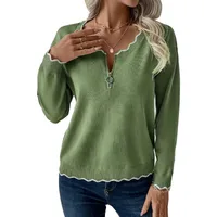 Casual Zipper Color Block Edge Knitted Sweater Round Neck Overhead Long Sleeve Women's Regular Fit Pure Color New Style main image 5