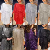 Fashionable Sequin Color Cinched Waist Dress Small Dinner Dress Holiday Party Elegant Long Ankle Fairy Skirt Polyester Fabric main image 1