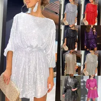 Fashionable Sequin Color Cinched Waist Dress Small Dinner Dress Holiday Party Elegant Long Ankle Fairy Skirt Polyester Fabric main image 4