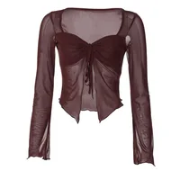 Europe And The United States  Women's Clothing  Spring INS New Sexy Hot Girl Drawstring Cardigan Mesh Long Sleeve T-shirt Top Women main image 5