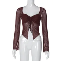 Europe And The United States  Women's Clothing  Spring INS New Sexy Hot Girl Drawstring Cardigan Mesh Long Sleeve T-shirt Top Women sku image 1
