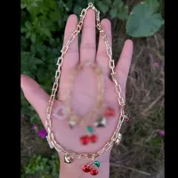 Wholesale Jewelry Casual IG Style Cherry Heart Shape Strawberry Copper Acrylic Imitation Pearl 18K Gold Plated Polishing Enamel Plating Bracelets Necklace Jewelry Set main image 3