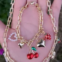 Wholesale Jewelry Casual IG Style Cherry Heart Shape Strawberry Copper Acrylic Imitation Pearl 18K Gold Plated Polishing Enamel Plating Bracelets Necklace Jewelry Set main image 2