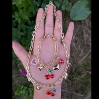 Wholesale Jewelry Casual IG Style Cherry Heart Shape Strawberry Copper Acrylic Imitation Pearl 18K Gold Plated Polishing Enamel Plating Bracelets Necklace Jewelry Set main image 1