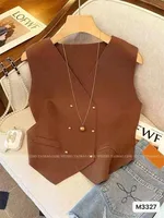 Fashion New Style V-neck Asymmetric Double Button Knitted Vest Top Women's Clothing Urban Landscape Pattern Polyester Fabric sku image 3