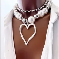 Exaggerated Heart Shape Imitation Pearl Alloy Beaded Chain Statement Necklaces Wholesale sku image 1