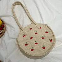 Women's Medium Summer Straw Cherry Fruit Fashion Round Magnetic Buckle Shoulder Bag main image 4