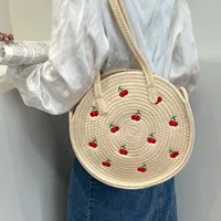 Women's Medium Summer Straw Cherry Fruit Fashion Round Magnetic Buckle Shoulder Bag main image 6
