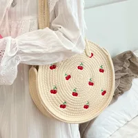 Women's Medium Summer Straw Cherry Fruit Fashion Round Magnetic Buckle Shoulder Bag main image 5