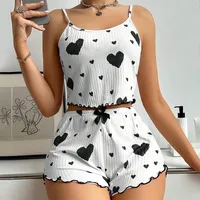 Home Outdoor Women's Casual Elegant Lady Heart Shape Polyester Rib Fabrics Shorts Sets Pajama Sets sku image 8