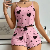Home Outdoor Women's Casual Elegant Lady Heart Shape Polyester Rib Fabrics Shorts Sets Pajama Sets sku image 11