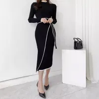 Women's Sheath Dress Elegant High Neck Belt Long Sleeve Stripe Midi Dress Daily main image 5
