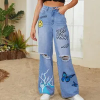 Women's Holiday Selfie Casual Cute Streetwear Smiley Face Butterfly Full Length Jeans sku image 2