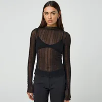 Fashion Women's Sexy Hollow New Long Sleeve Y2K Lace Top T-shirt Versatile Solid Color Blouse sku image 1