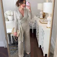 Shiny Bead Waist-Cinching Long Sleeve V-neck One-Piece Autumn Fashion Casual Suit For Women In sku image 4