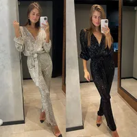 Shiny Bead Waist-Cinching Long Sleeve V-neck One-Piece Autumn Fashion Casual Suit For Women In main image 2