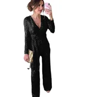 Shiny Bead Waist-Cinching Long Sleeve V-neck One-Piece Autumn Fashion Casual Suit For Women In main image 5