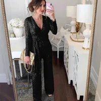 Shiny Bead Waist-Cinching Long Sleeve V-neck One-Piece Autumn Fashion Casual Suit For Women In sku image 6