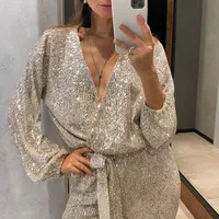 Shiny Bead Waist-Cinching Long Sleeve V-neck One-Piece Autumn Fashion Casual Suit For Women In main image 3
