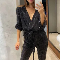 Shiny Bead Waist-Cinching Long Sleeve V-neck One-Piece Autumn Fashion Casual Suit For Women In main image 4