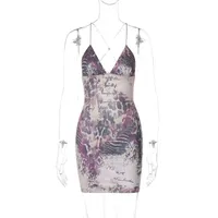 Women's Hip Skirt Sexy V Neck Backless Sleeveless Printing Above Knee Holiday Banquet Selfie sku image 2