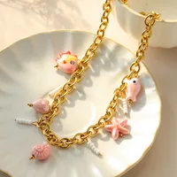 Cartoon Style Cute Beach Starfish Conch Fish 304 Stainless Steel Enamel Pearl 14K Gold Plated Women's Multi Charms Necklace main image 2